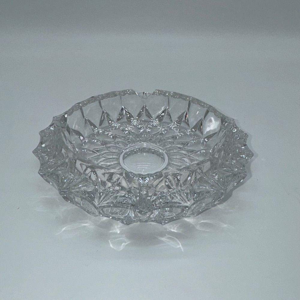 Large Clear Glass Ashtray Heavy 4 Rests Round Circular 7" Diameter Transparent